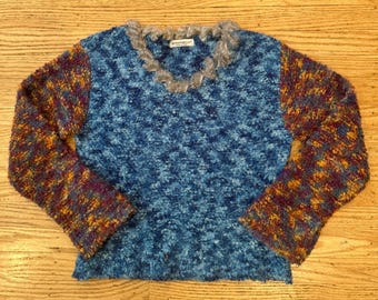 Vintage Whimsigoth Designer Multicolor Knit Sweater With Rabbit Fur Collar