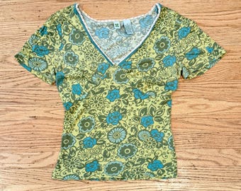 Vintage Cotton Green And Blue Y2K Floral Print Fairy Top: Velvet And Lace Trim
