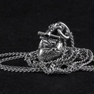 Op de afbeelding: Een zilveren anatomisch hart hanger ketting met een gedetailleerd ontwerp. De ketting heeft een zilveren ketting.