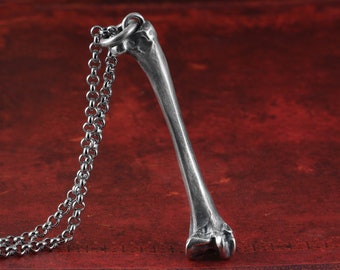 Femur Bone Necklace - Sterling Silver Raven Femur Bone Pendant - Silver Bone Necklace