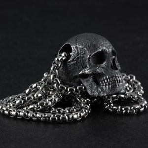 May include: A silver skull pendant with a detailed design hangs from a silver chain.