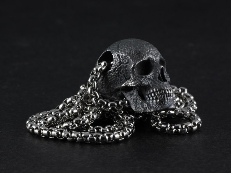 May include: A silver skull pendant with a detailed design hangs from a silver chain.