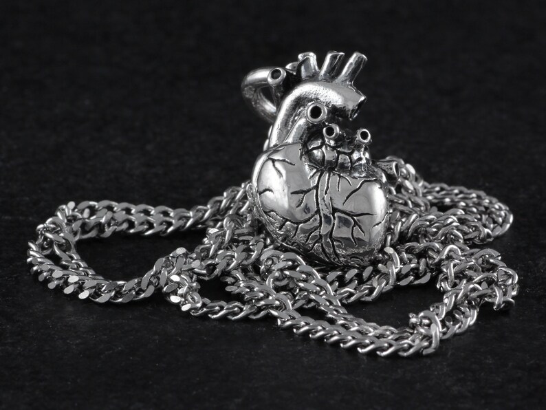 Op de afbeelding: Een zilveren anatomisch hart hanger ketting met een gedetailleerd ontwerp. Het hart is bevestigd aan een zilveren curb chain.