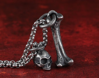 Mini Skull & Bone Necklace - Sterling Silver Small Skull And Bone Pendant - Tiny Skull And Bone Necklace