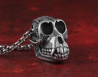 Monkey Skull Necklace - Sterling Silver Dayak Monkey Skull Pendant - Silver Monkey Skull