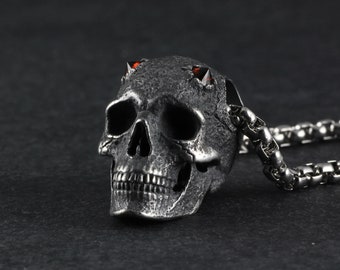 Horned Skull Necklace - Sterling Silver Skull Pendant with Garnet Horns - Fine Skull Jewelry