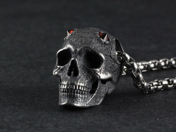 Horned Skull Necklace - Sterling Silver Skull Pendant with Garnet Horns - Fine Skull Jewelry