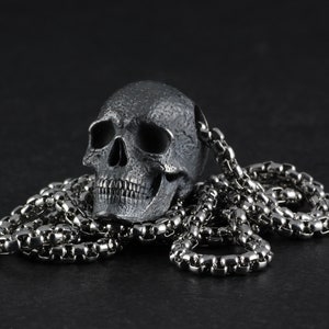 May include: A silver skull pendant on a silver chain necklace. The skull is detailed with a textured surface and has a realistic appearance.