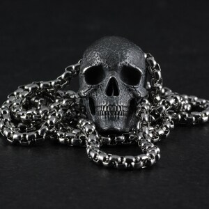 May include: A silver skull pendant on a silver chain. The skull has a detailed design and is a popular gothic style accessory.