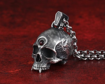 Vampire Skull - Sterling Silver Fang Skull - Silver Skull with Fangs and Garnet