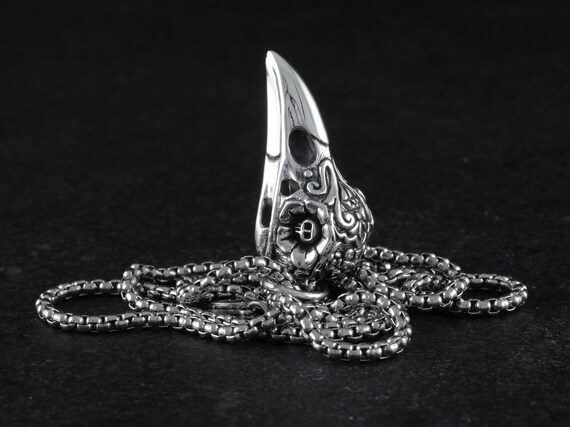 Raven Skull Necklace - Sterling Silver Day of the Dead Raven Skull Pendant - Bird Skull Necklace
