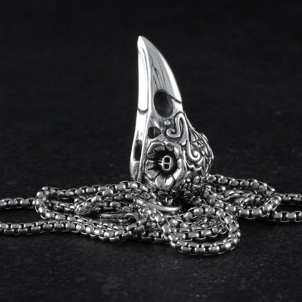 Raven Skull Necklace - Sterling Silver Day of the Dead Raven Skull Pendant - Bird Skull Necklace