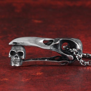 Raven Skull Necklace - Sterling Silver Raven & Human Skull Pendant - Silver Bird Skull