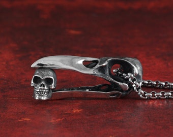 Raven Skull Necklace - Sterling Silver Raven & Human Skull Pendant - Silver Bird Skull