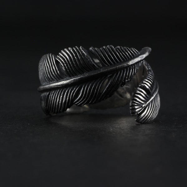 Bague plume - Bague plume de corbeau en argent sterling - Bague plume noire