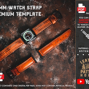 May include: A digital download of a leather watch strap pattern template for a 22 mm watch strap. The template includes stitch holes and is available in letter and A4 paper format. The image shows a brown leather watch strap on a textured brown surface. The text "Leather Pattern House" and "YouTube" are visible in the image.