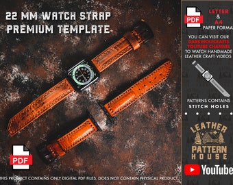 22 mm Handmade Leather Watch Strap PDF Pattern, A4 Letter Pattern Template.