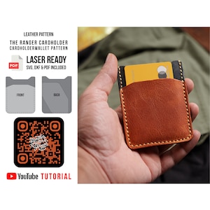 Può includere: Un porta carte in pelle marrone con bordo nero, che contiene una carta di credito gialla. Il porta carte è cucito con filo di colore chiaro. L'immagine mostra anche un modello per il porta carte e il testo "LASER READY".