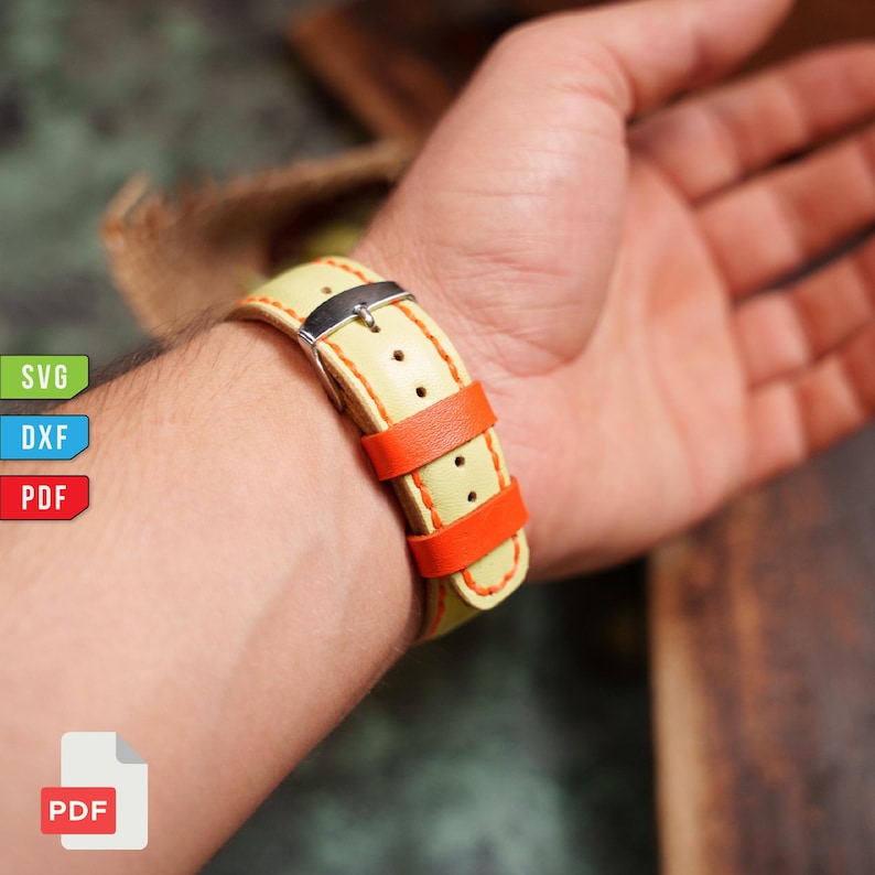 Pu&ograve; includere: Primo piano di un cinturino giallo chiaro con dettagli e cuciture arancioni. La fibbia &egrave; argentata. Il cinturino &egrave; in pelle. L'immagine include anche icone SVG, DXF e PDF.