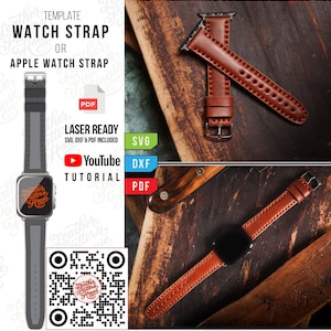May include: A brown leather watch strap and an Apple Watch strap are displayed on a wooden surface. The image includes a template for watch straps, with the text "WATCH STRAP OR APPLE WATCH STRAP". The image also includes a QR code.