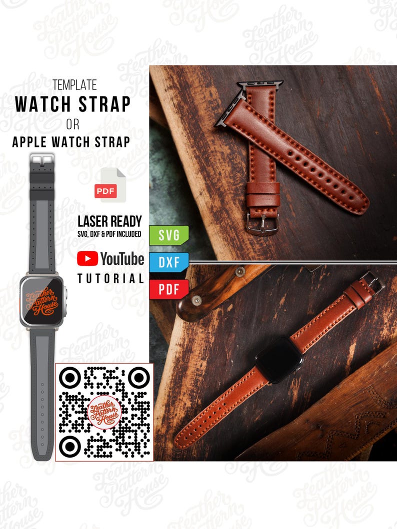 Pu&ograve; includere: Un cinturino in pelle marrone e un cinturino per Apple Watch sono mostrati su una superficie di legno. L'immagine include un modello per cinturini, con il testo "WATCH STRAP OR APPLE WATCH STRAP". L'immagine include anche un codice QR.