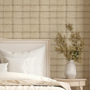 Carta da parati a quadri beige con texture in lino, staccabile e attaccabile - Decorazione murale boho neutra e moderna - Carta da parati adatta agli affittuari