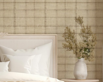 Plaid Wallpaper Beige Linen Texture Peel and Stick Wallpaper - Neutral & Modern Boho Wall Decor - Renter Friendly Removable