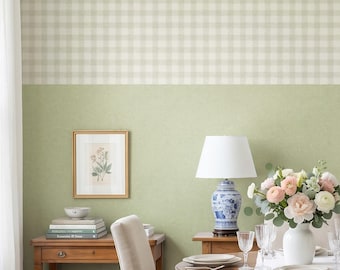 Gingham Top Solid Sage Green Bottom Peel and Stick Wallpaper, Two Tone Removable Wallpaper