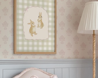 Bunny Canvas Print, Gingham Nursery Decor, Woodland Rabbit Artwork