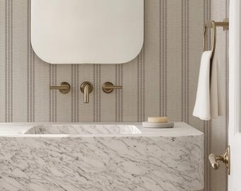 Brown and White Stripe Peel and Stick Wallpaper - Modern Minimal Neutral