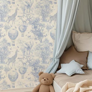 Papier peint toile bleue - Papier peint autocollant bleu et blanc animaux de la forêt pour chambre de bébé et d'enfant