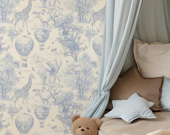 Blue Toile Wallpaper - Woodland Animal Blue and White Peel and Stick Self-adhesive Wallpaper for Nursery and Kids Room
