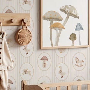 Carta da parati adesiva per cameretta dei bambini con animali e strisce beige neutre - Carta da parati autoadesiva per la cameretta dei bambini - Carina e fantasiosa