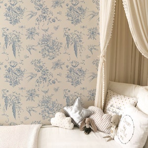 Vintage Toile French Country Wallpaper - Blue and White Peel and Stick Self-adhesive Wallpaper - Neutral Beige Removable Wallpaper