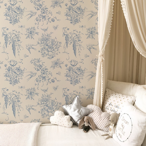 Vintage Toile French Country Wallpaper - Blue and White Peel and Stick Self-adhesive Wallpaper - Neutral Beige Removable Wallpaper