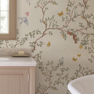 Chinoiserie Bird & Butterfly Peel and Stick Wallpaper – French Country Tree Branch Mural, Cream Sage Pastel Bathroom/Bedroom/Girls Room