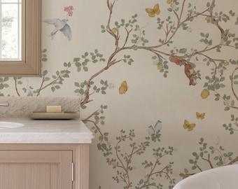 Peel-and-Stick-behang chinoiserie met vogels en vlinders – Muurschildering Franse boomtak, crème salie pastel badkamer/slaapkamer/meisjeskamer