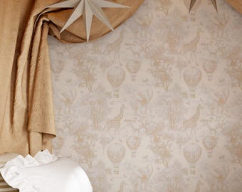 Toile-tapet med skogsdjur: Beige självhäftande tapet för barnrum