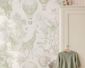 Saliegroen toile-behang - zelfklevend behang van safaridieren voor kinderkamer en jongens