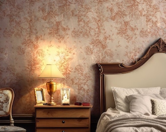 French Country Toile Wallpaper: Beige Floral Farmhouse Peel and Stick