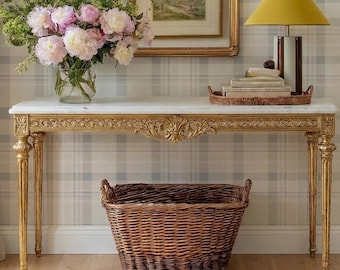 Neutral Blue Plaid Wallpaper – Cream Beige Tartan Peel and Stick (Modern Cottage Check)