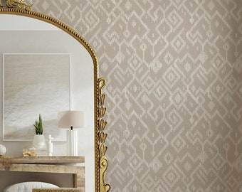 Boho Neutral Geometric Peel and Stick Wallpaper with Abstract Ikat Pattern in Light Brown - Custom Peel and Stick Wallpaper