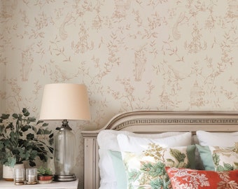 Beige Toile Farmhouse Wallpaper - Vintage French Beige and Ivory Peel and Stick Self-adhesive Wallpaper - Bedroom/ Nursery / Living Room