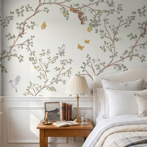 Chinoiserie Vogel & Schmetterling Tapete zum Abziehen und Aufkleben - Französisches Landhausstil Wandbild, Creme Salbei Pastell Badezimmer/Schlafzimmer/Mädchenzimmer