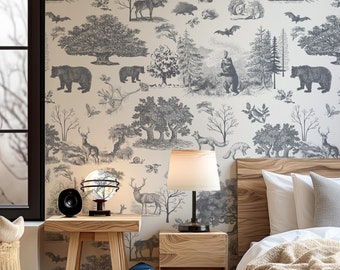 Woodland Toile Farmhouse Wallpaper - Modern Black and White Peel and Stick Self-adhesive Wallpaper - Animals/Trees