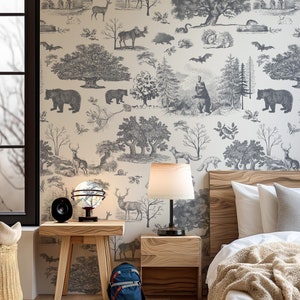 Woodland Toile Farmhouse Wallpaper - Modern Black and White Peel and Stick Self-adhesive Wallpaper - Animals/Trees