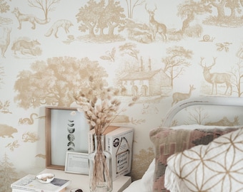 Woodland Toile Farmhouse Wallpaper - Beige Neutral Cottage Peel and Stick Self-adhesive Wallpaper - Animals/Trees/Bears/