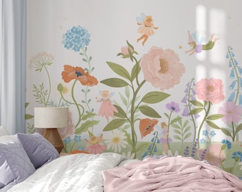 Boho Pink Flower and Fairies Peel and Stick Wall Mural - Soft Pastel Color Wallpaper for Nursery and Girls Room - Botanical/Whimsical/Cute