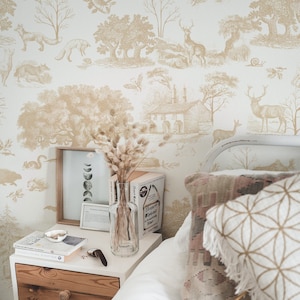 Woodland Toile Farmhouse Wallpaper - Beige Neutral Cottage Peel and Stick Self-adhesive Wallpaper - Animals/Trees/Bears/