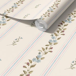 Carta da parati vintage con strisce floreali staccabili e attaccabili - Carta da parati per camerette e asili ispirata alla fattoria, colore neutro boho